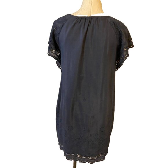 Madewell Dress Navy Blue Medium 6 8 10 Short Sleeve Embroidered Silk Cotton - Picture 11 of 15